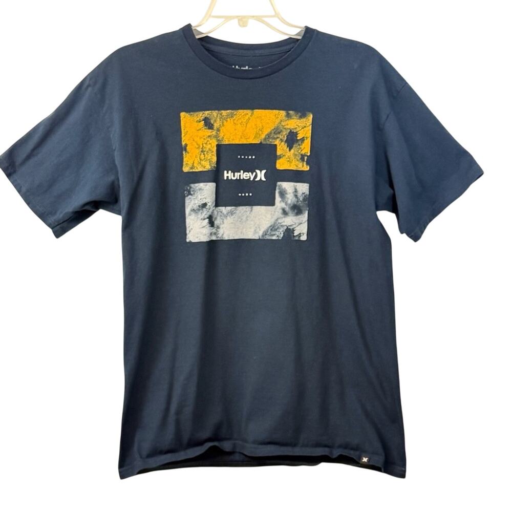 Hurley Navy Graphic Print T Shirt Gold and Light Blue Print Logo - Picture 1 of 16